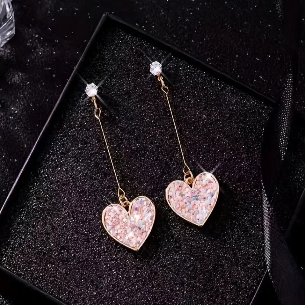 NEW Gold Dangle Pink Glitter Heart Tassel Earrings, Chic dangle earrings